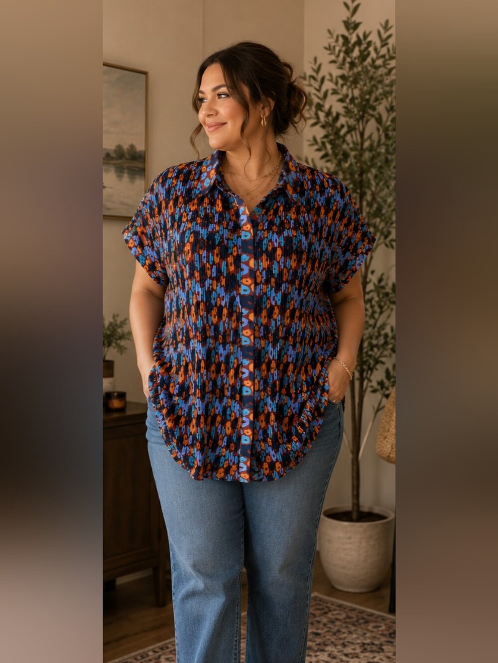 Women's Short Sleeve Button-Front Shirt in Navy Multi Print
